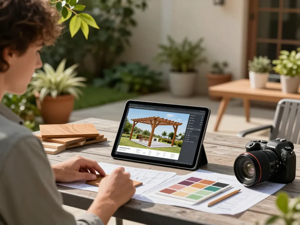 User engaging with software configuratore pergole to design a customized pergola on a sunny patio, surrounded by plants and materials.