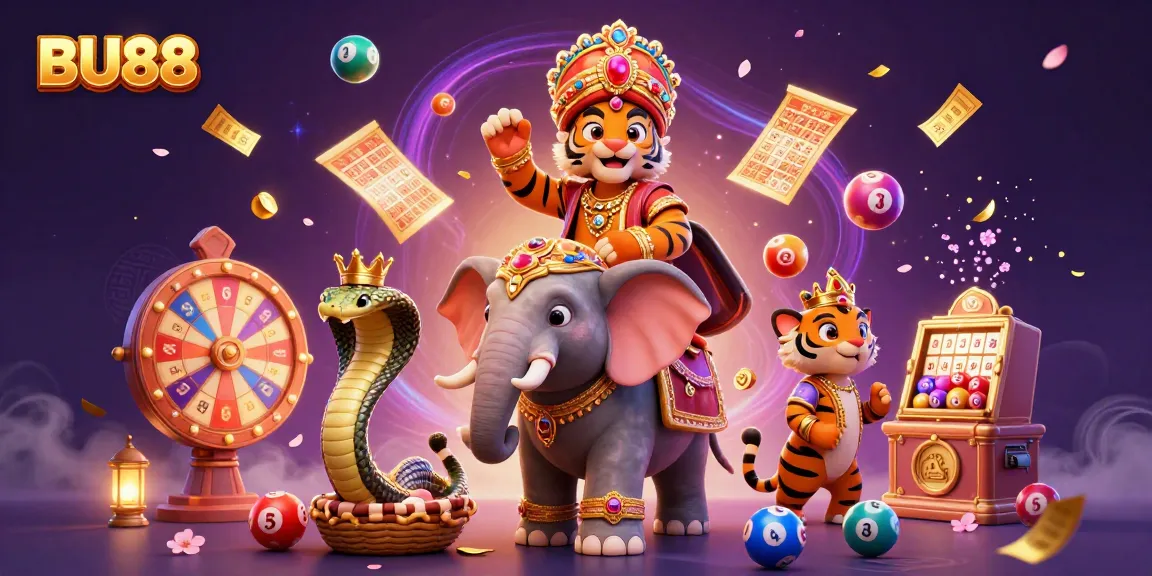 Experience excitement with BU88 in a vibrant casino scene featuring lottery elements and characters.