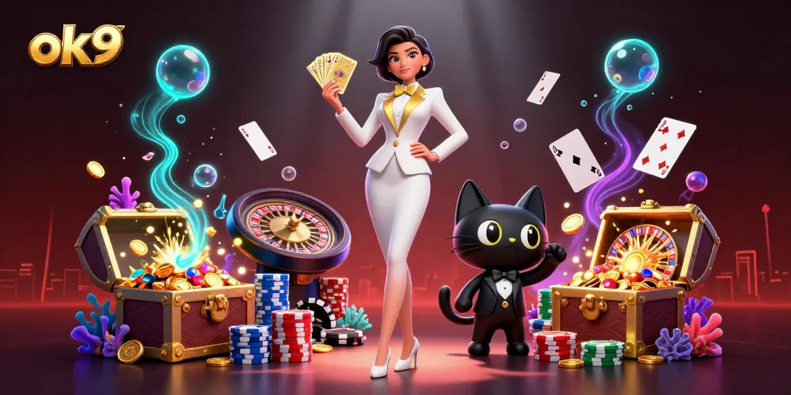 Experience thrilling gameplay at ok9 with a glamorous woman and her feline companion amidst poker chips and dazzling treasures.