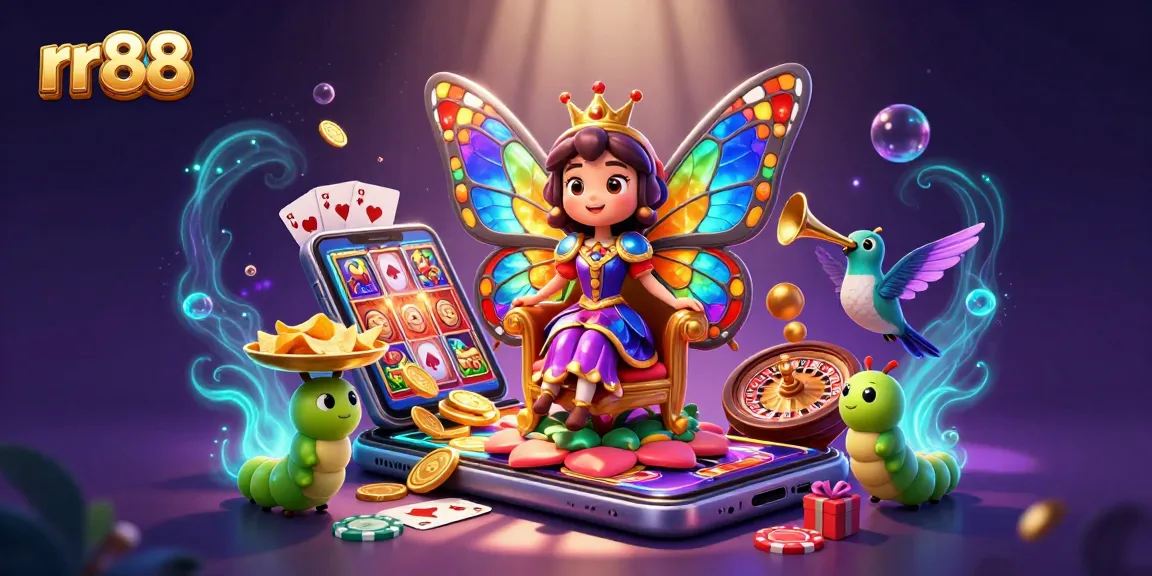 Experience the excitement of rr88 with vibrant games and golden treasures in a magical casino scene.