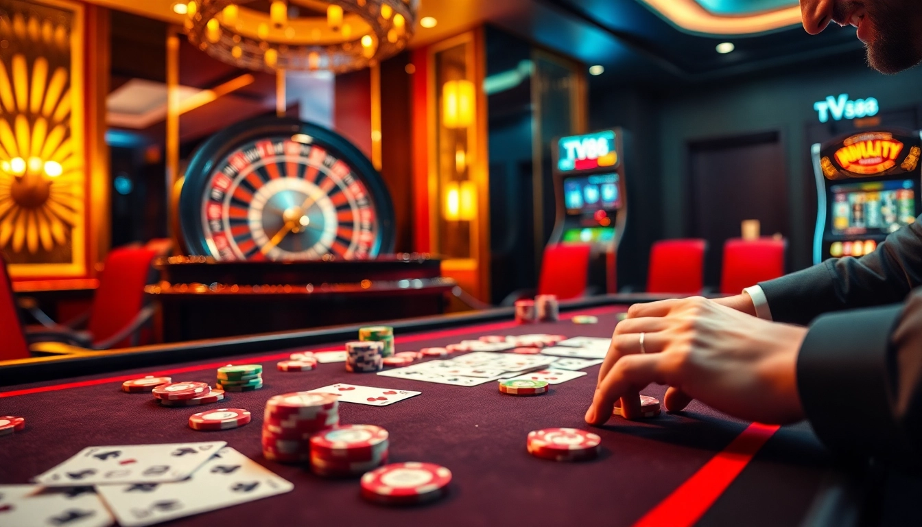 Engage with thrilling gameplay at TV88's luxurious casino table decorated with poker chips and cards.