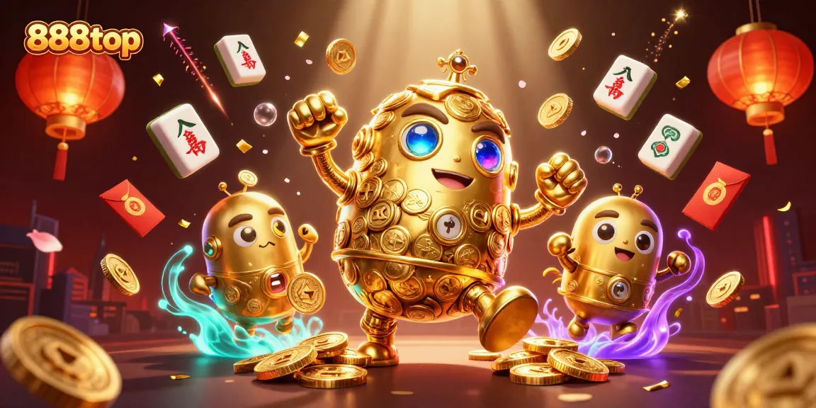 Engage with exciting gambling experiences on 888top, showcasing a 3D golden golem amidst vibrant casino elements.