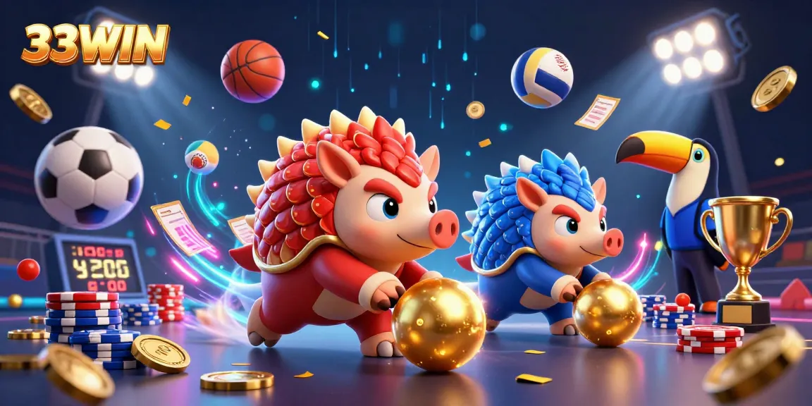 Master rival pangolins compete in a thrilling 33WIN gambling scene, amidst vibrant poker chips and dynamic sports elements.