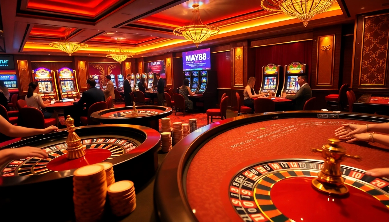 MAY88 offers an engaging live casino experience with poker tables and roulette wheels in action.