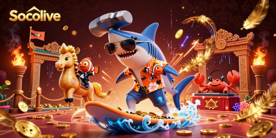 Socolive engages players with a colorful 3D cartoon scene of a shark surfing coins in a vibrant casino.