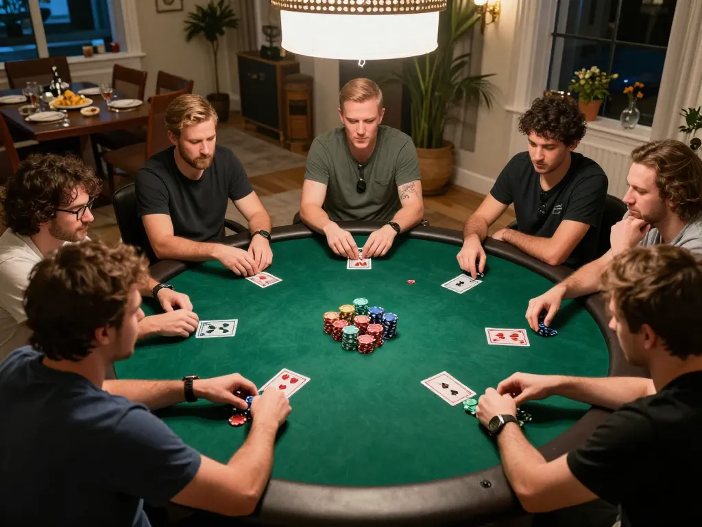 Players engaging in an intense poker game at home, showcasing UU88's thrilling gaming atmosphere
