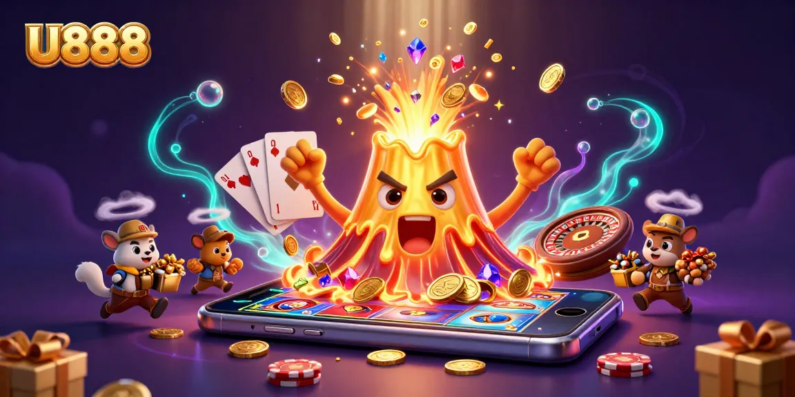 U888 casino gaming scene featuring a golden volcano and treasure-filled characters.