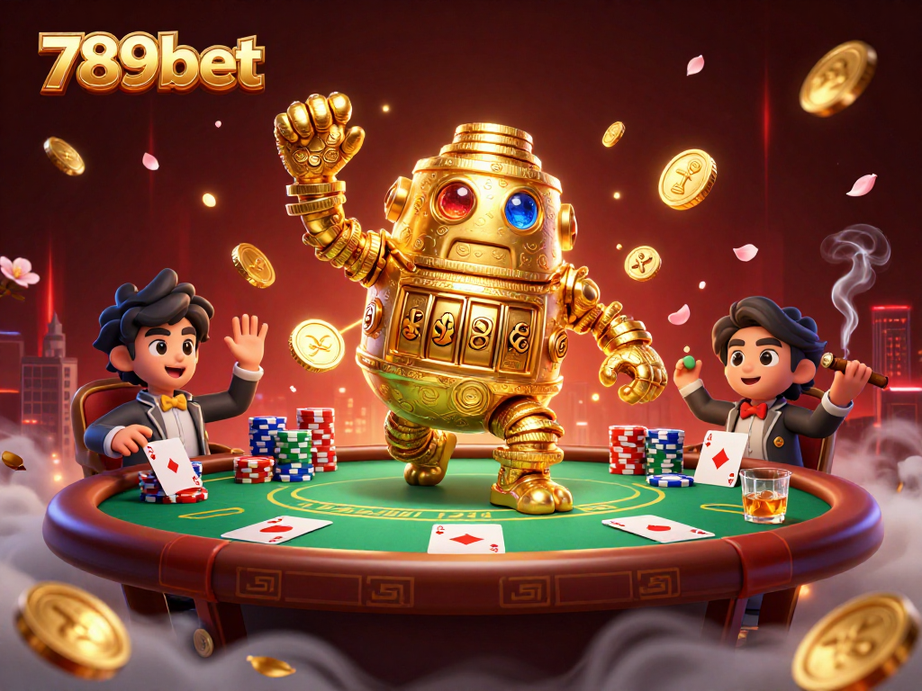 Engage with 789bet's vibrant casino scene featuring a golden golem amidst poker riches and dynamic lights.