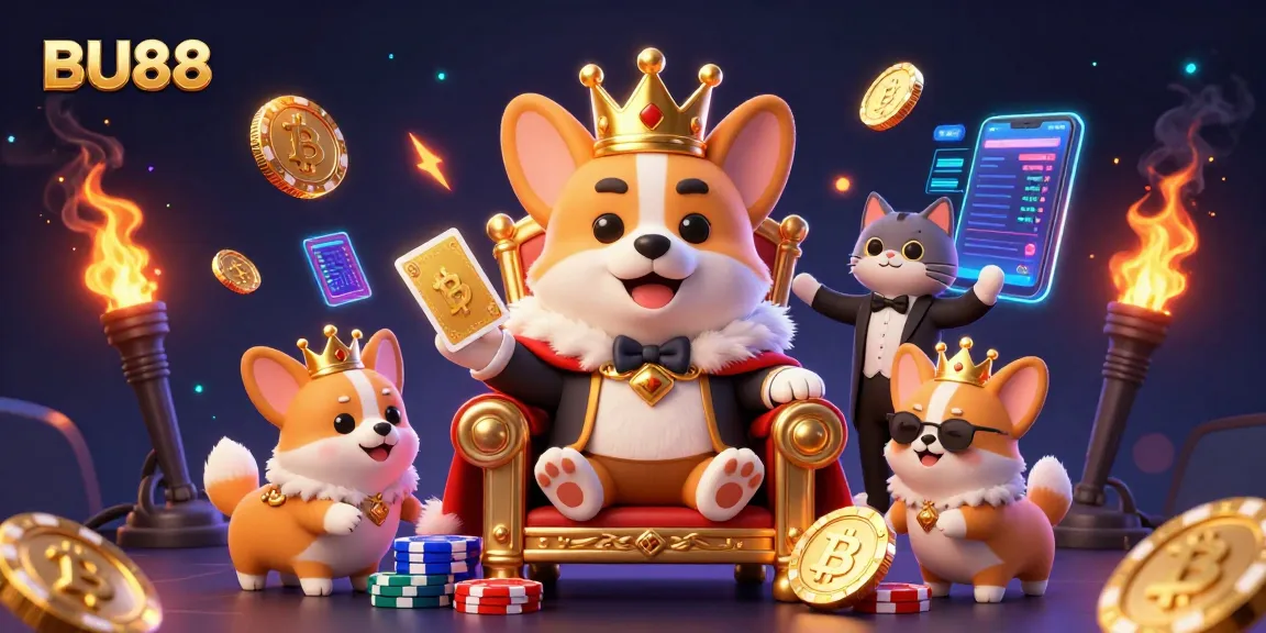 Experience the thrill of BU88 with vibrant 3D corgi characters and cryptocurrency elements in action.