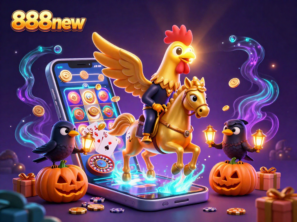 Experience the excitement of 888new with a golden rooster and vibrant casino elements in a dynamic scene.