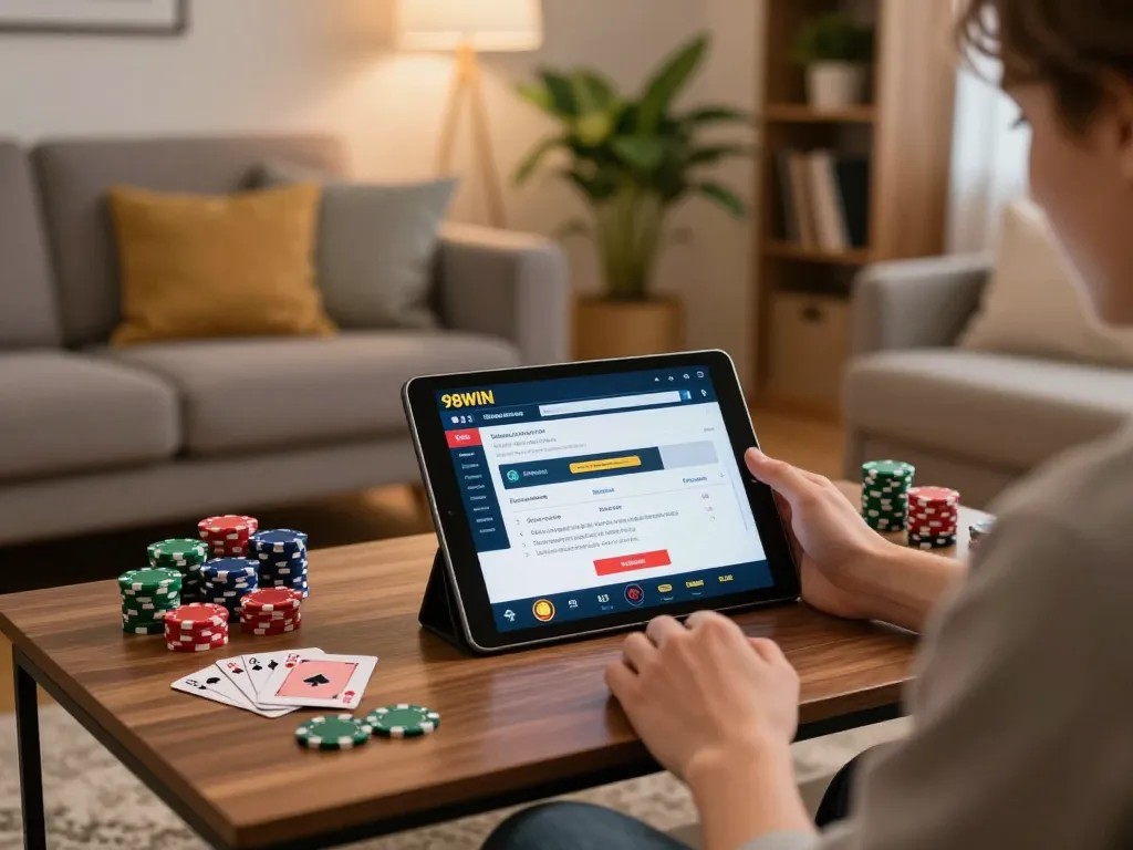 Sign up for 98WIN from your cozy home setup with a tablet, casino chips, and cards.