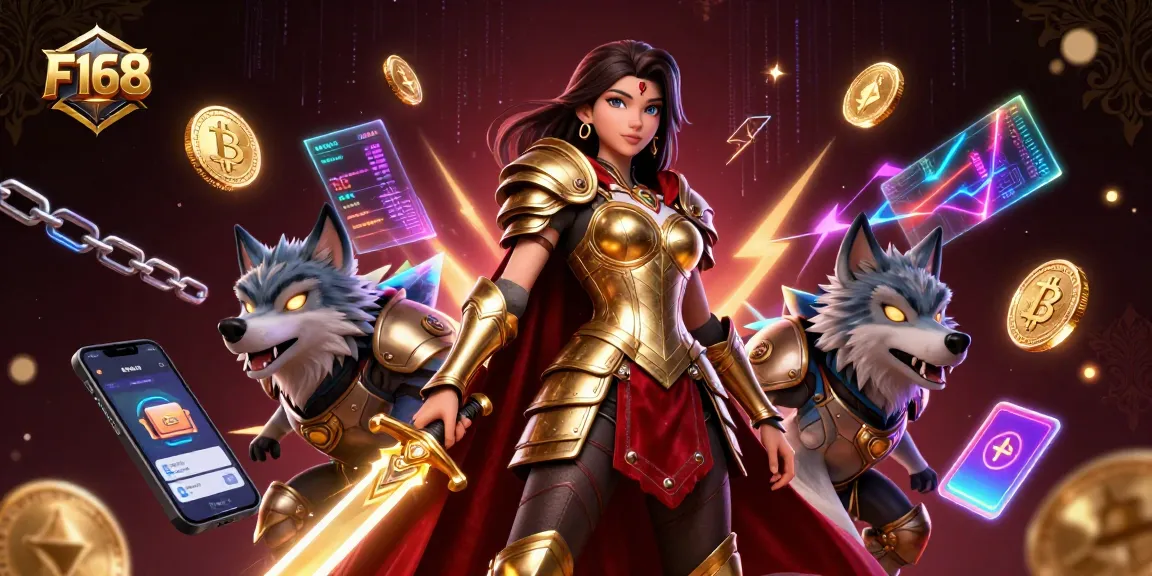 Experience the thrill of gambling at F168 with a warrior queen and a glowing armored wolf.