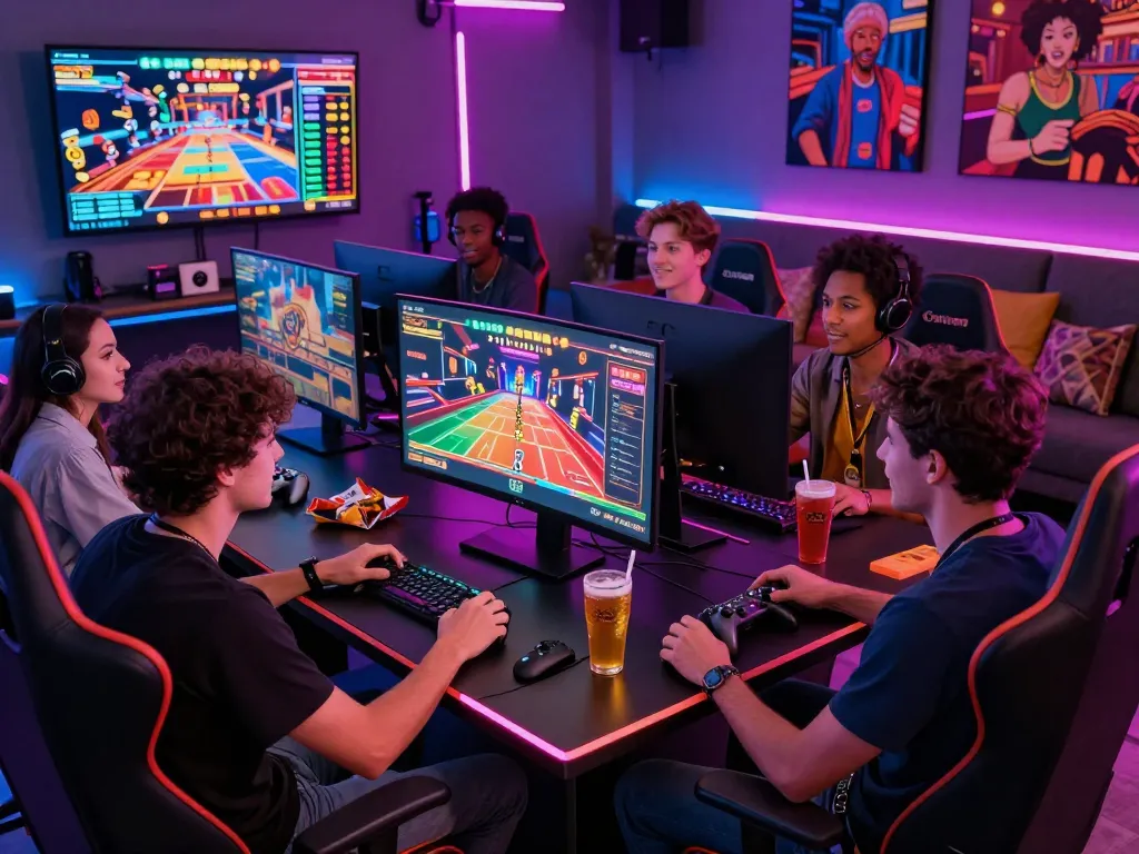 Group of friends enjoying vibrant gaming session at https://bomwin.jp.net/ with high-tech setup and casino game interface.