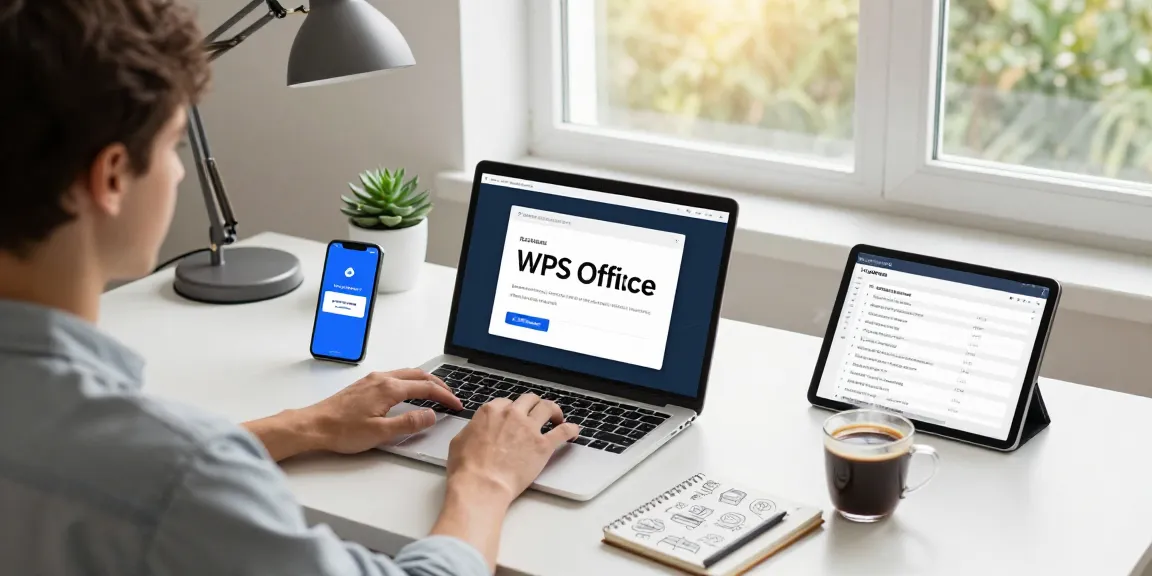 WPS Download in progress on a laptop in a modern home office setup with productivity tools.
