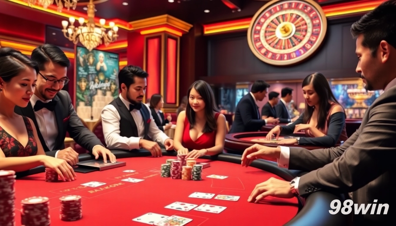 Players enjoying blackjack at 98win's luxurious casino, showcasing chips and cards in action.