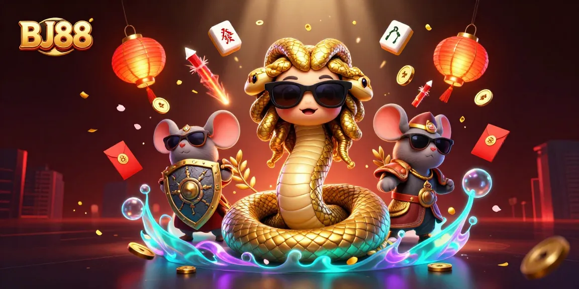 BJ88 captures excitement in vibrant 3D casino scene featuring cartoon characters and dynamic gambling symbols.