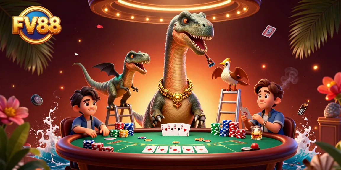 Engage with FV88's dynamic poker scene featuring a brontosaurus, clever raptor, and colorful poker chips.