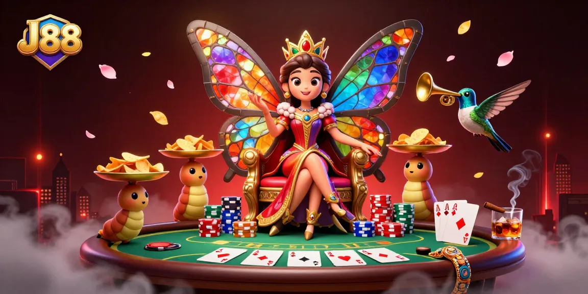 Engage in exciting poker action with J88 amidst vibrant casino elements and a colorful butterfly queen.
