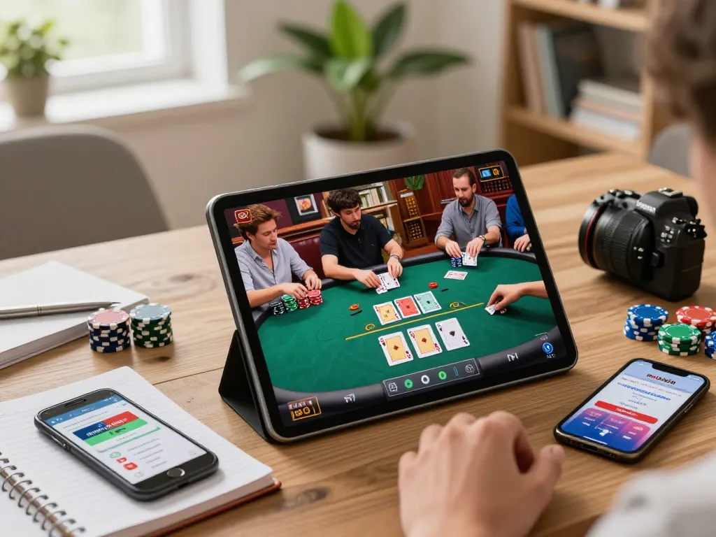 Players engaging in an exciting online poker game on rokok88, surrounded by strategy notes and a cozy home atmosphere.
