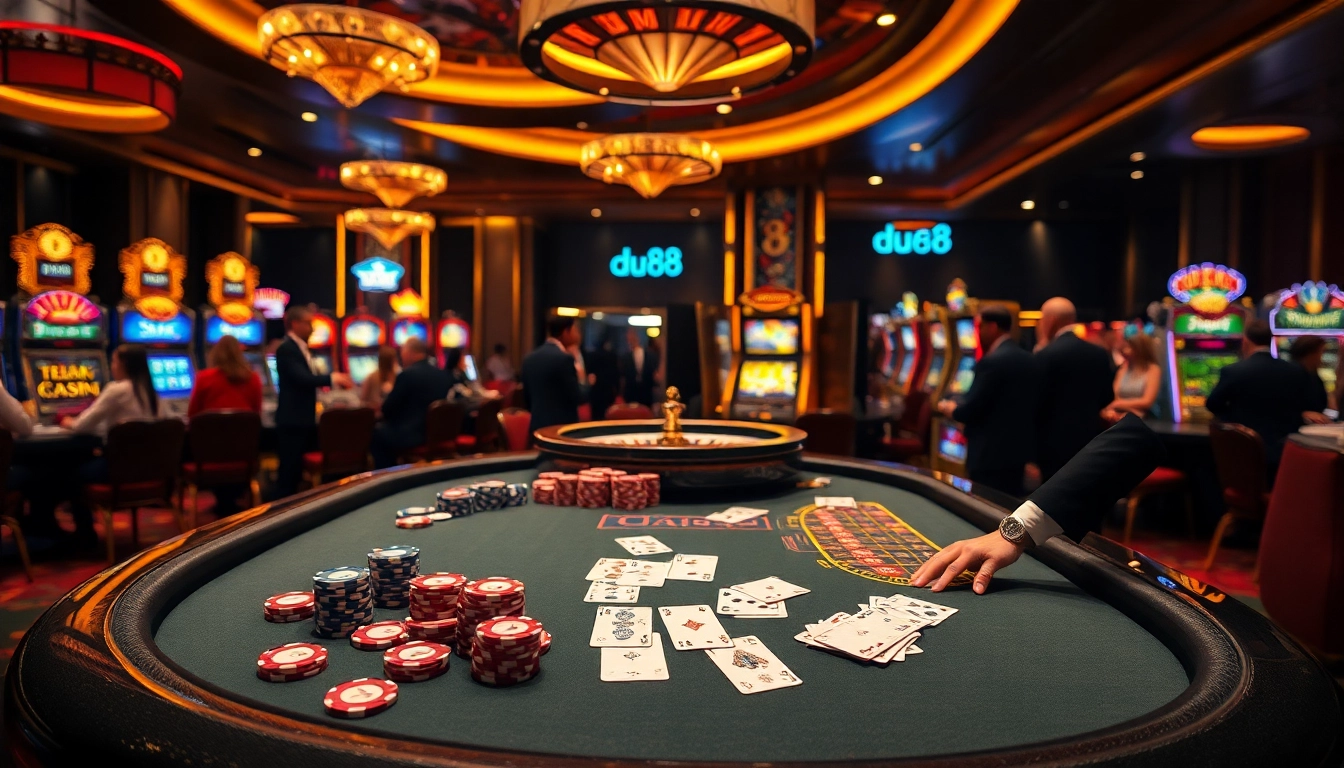 Gambling excitement at du88 casino with colorful chips and sleek poker cards.
