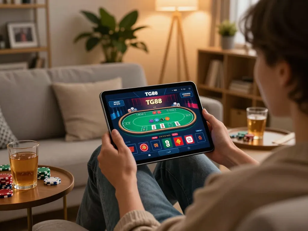 Person enjoying gaming on nhà cái tg88 app in a cozy home setting.