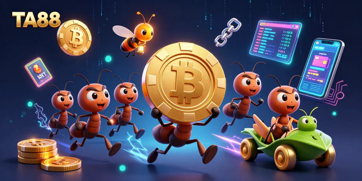 TA88 ants executing a heist for a golden poker chip amidst blockchain coins and vibrant casino elements.