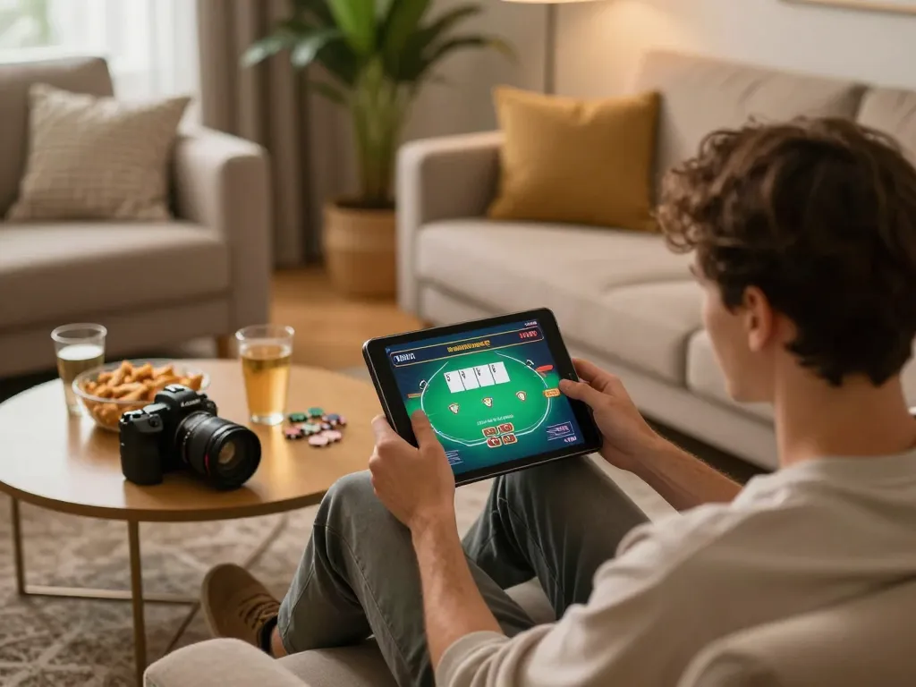 Engaging gameplay at O8 online casino on tablet with cozy home setting, showcasing strategic betting.