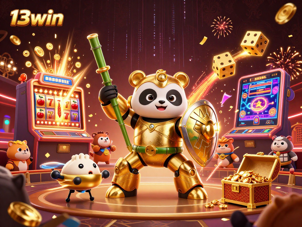 13win gamifies the excitement with a dynamic illustration of a mech-suit panda engaging in a jackpot frenzy.