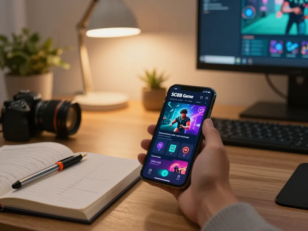 Engaging with SC88 Game app on smartphone in a cozy home setup, showcasing a strategic gaming atmosphere