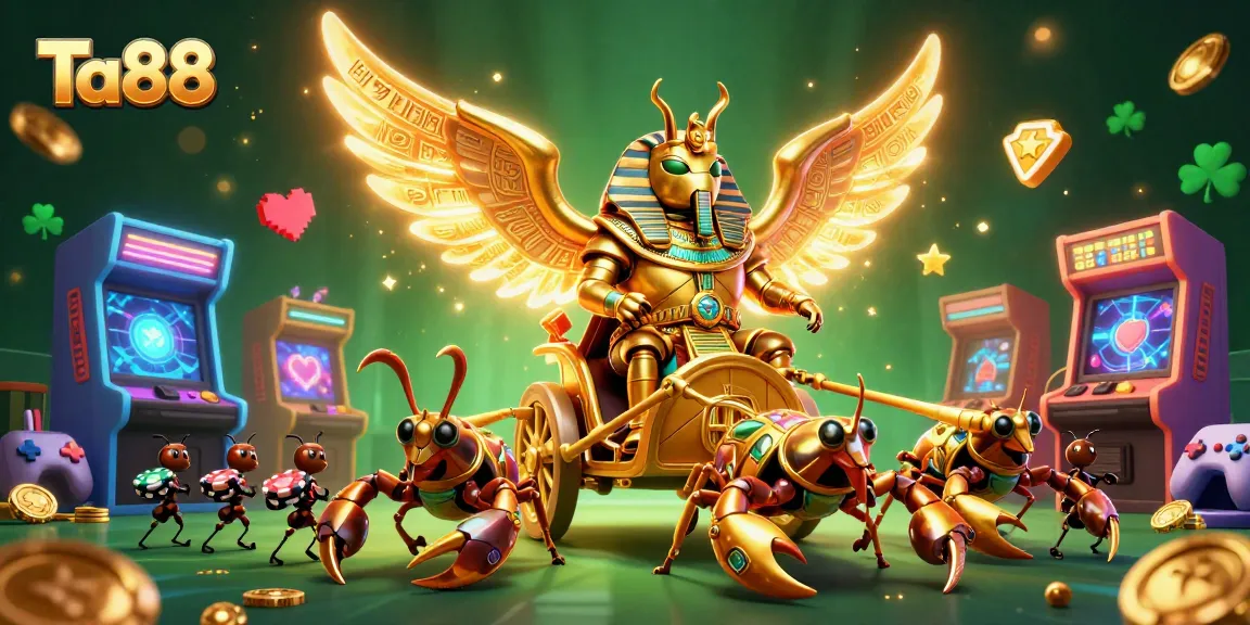Engage with Ta88 gaming, featuring a golden scarab beetle and casino themes in 3D.