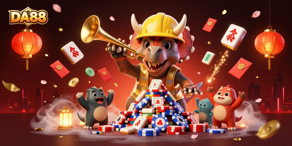 Experience thrilling moments with DA88 as a triceratops builds poker chip pyramids in a vibrant casino.