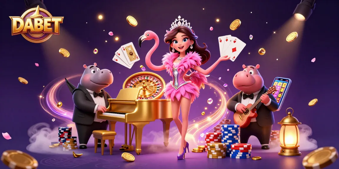 DABET casino with a flamingo singer and hippo bassist amidst coins and cards, capturing thrilling moments.