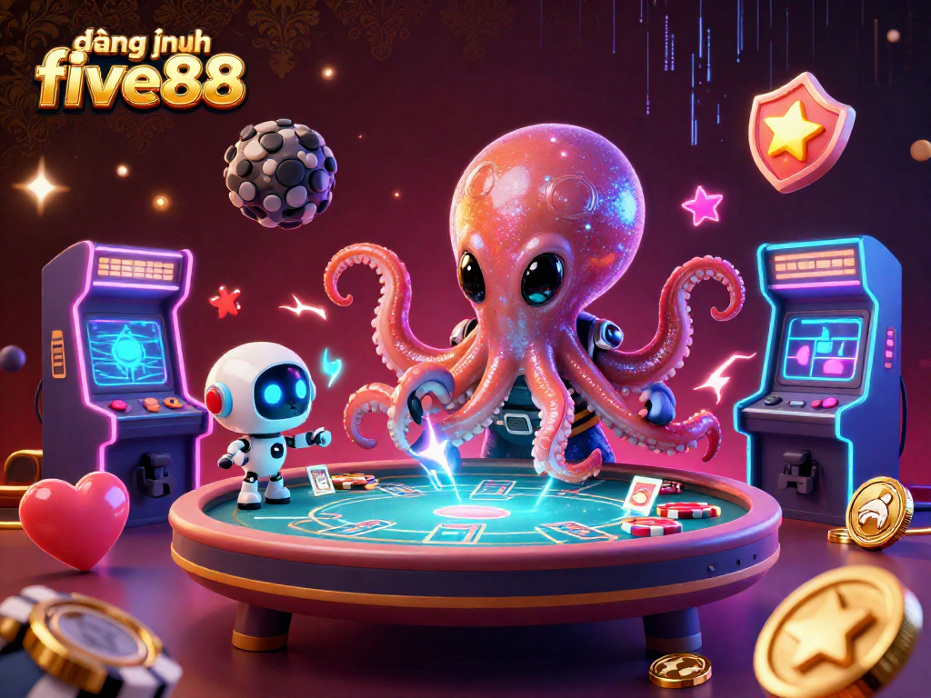 Engage in exciting gameplay with đăng nhập five88 at a holographic poker table, featuring vibrant 3D casino elements.