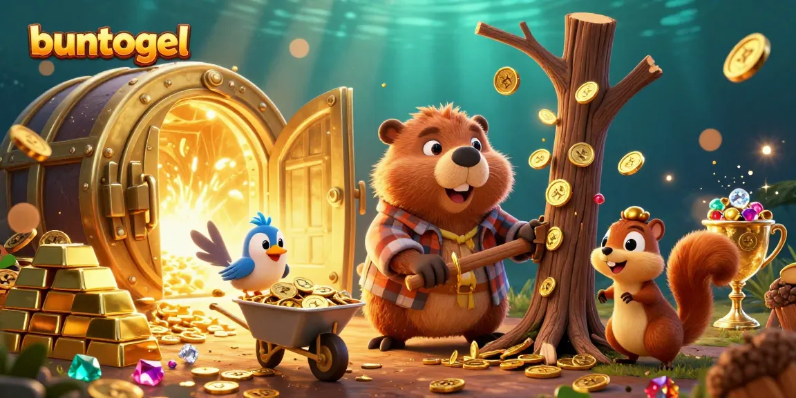 Engage with buntogel by exploring a vibrant scene of characters collecting gold coins in a lottery-themed adventure.