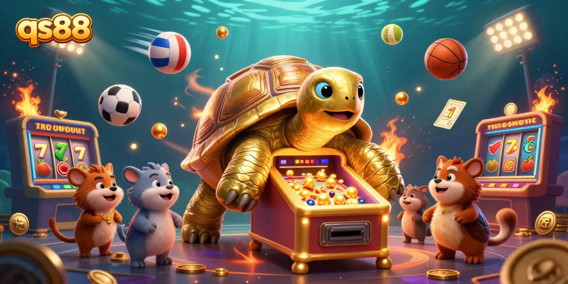 Engage in thrilling slots at qs88 with cartoon tortoise pinball machine and colorful gambling elements.