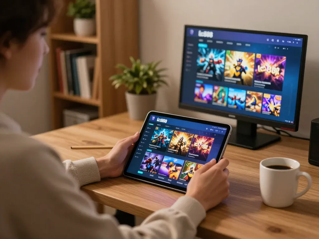 Player enjoying lc888 gaming app on tablet with cozy home setup and warm lighting.