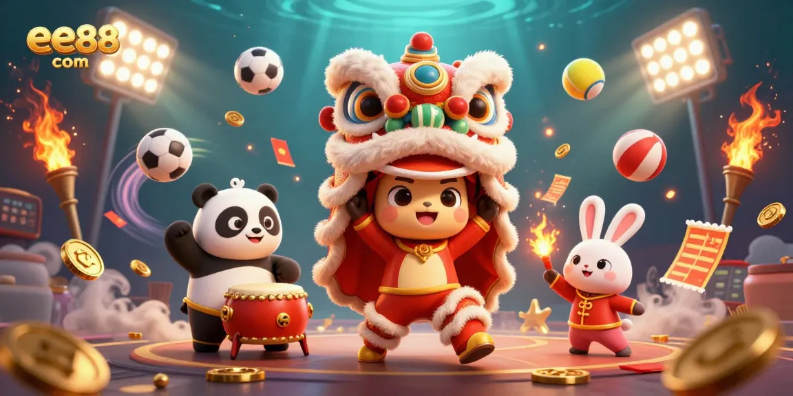 Experience the vibrant action of ee88 com with a lively lion dance, sports elements, and engaging casino excitement.