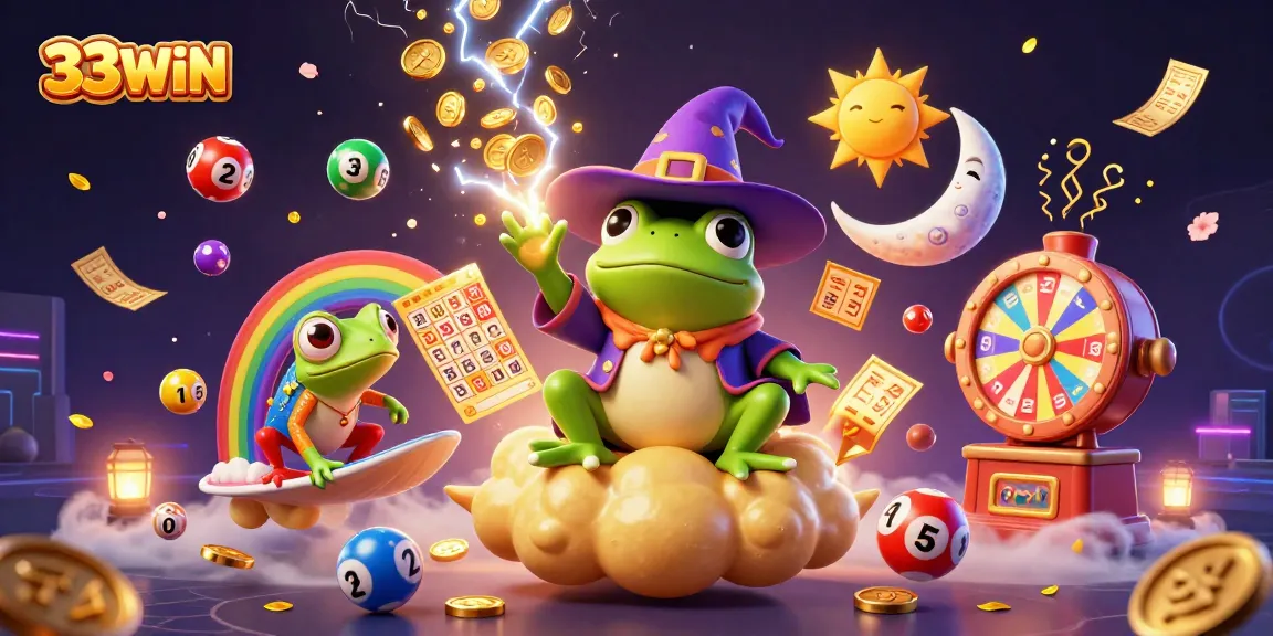33WIN brings thrilling wins with a rainbow chameleon amidst golden coins and exciting lottery elements.