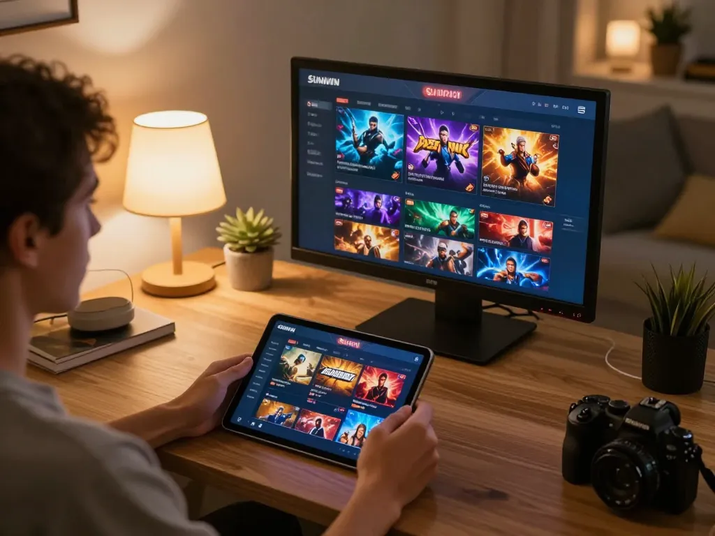Engaging with the Sunwin app for online gaming from a cozy home setup.