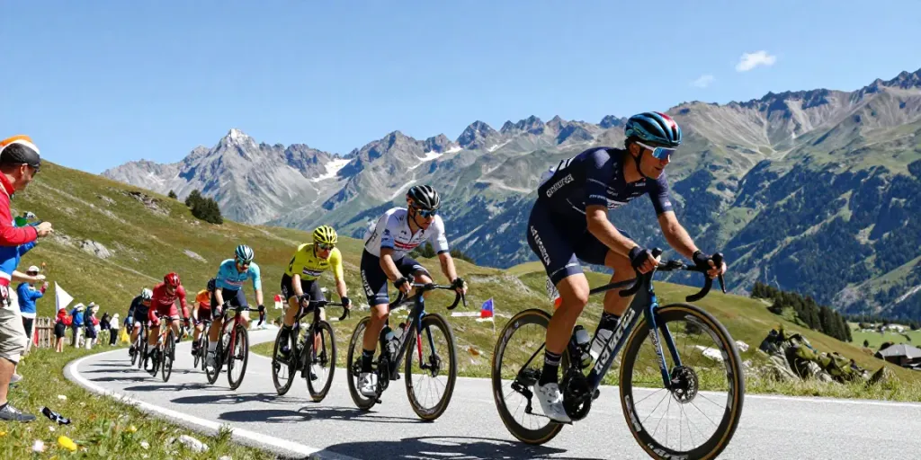 Atleti di ciclismo professionistico in gara durante un'ascensione montuosa.