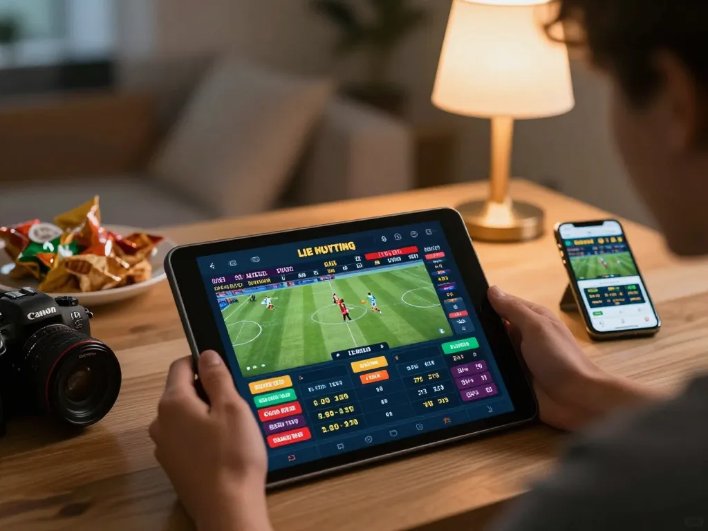 Socolive user engaged in live football betting on a tablet, showcasing betting odds and real-time updates.