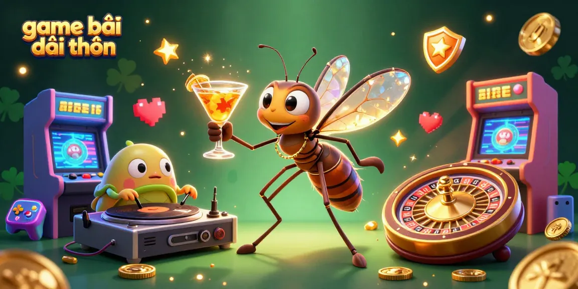 Engage in thrilling game bài đổi thưởng with a dynamic scene featuring a vibrant casino mascot, DJ, and roulette wheel.