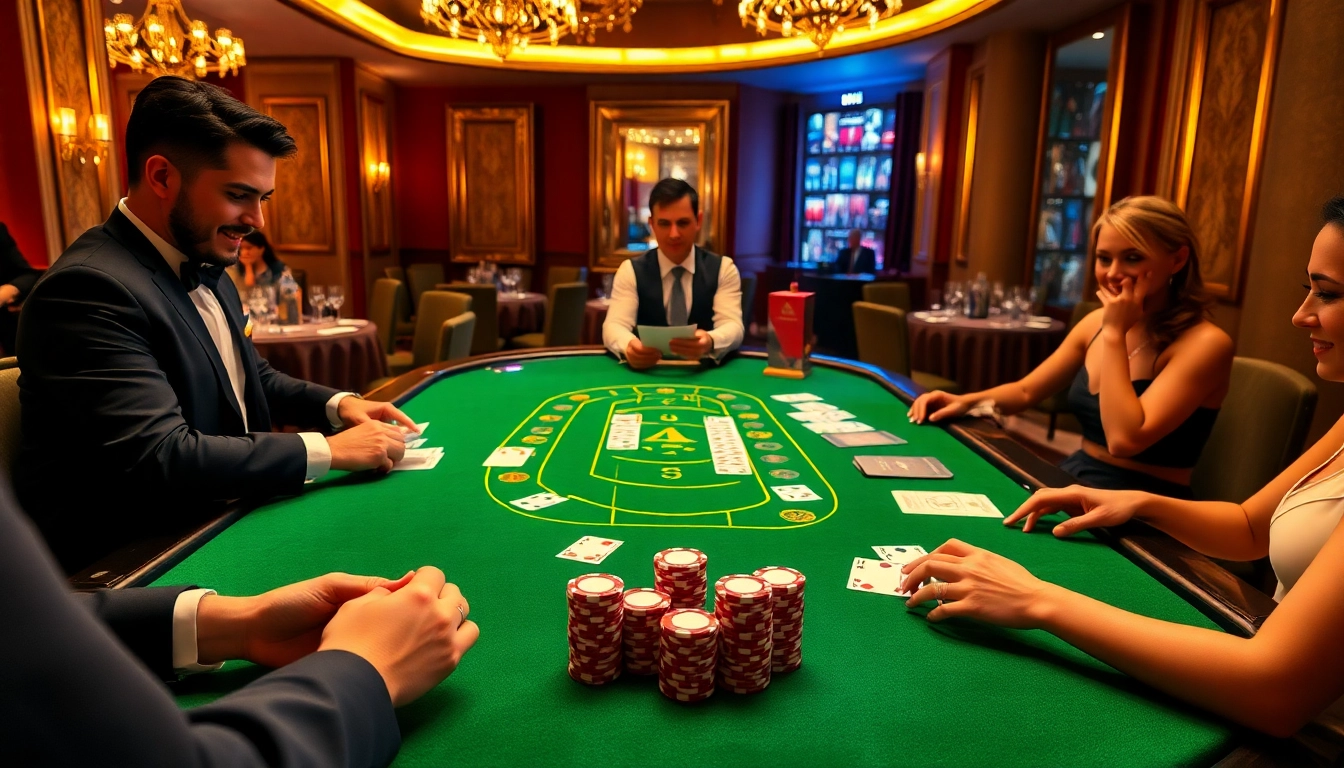 Excited players engaging in free credit baccarat at a luxurious casino table.
