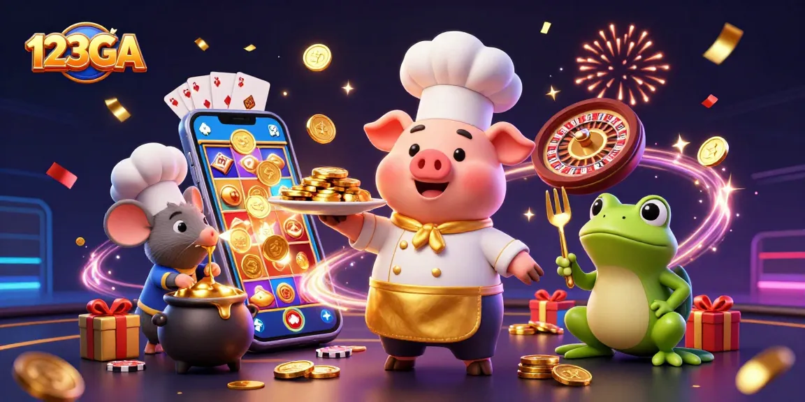Engage with 123GA while enjoying a gourmet scene of gold coins and festive casino elements.