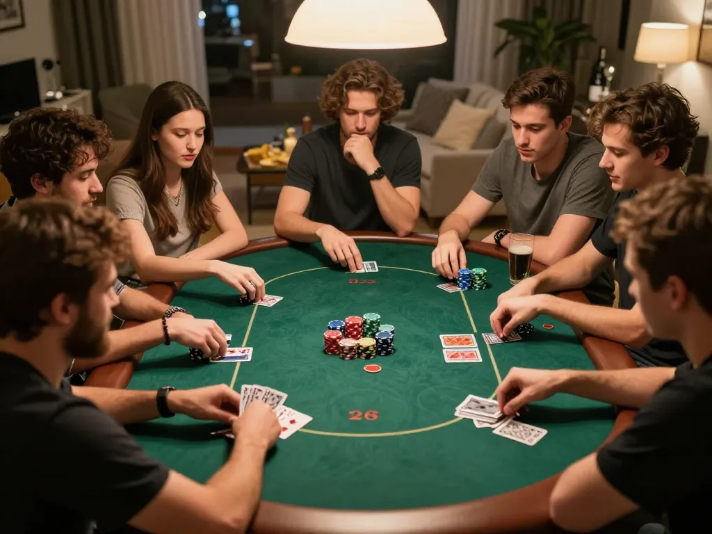 Friends enjoying a poker night at home playing Texas Hold'em, showcasing the excitement of gambling at F168.