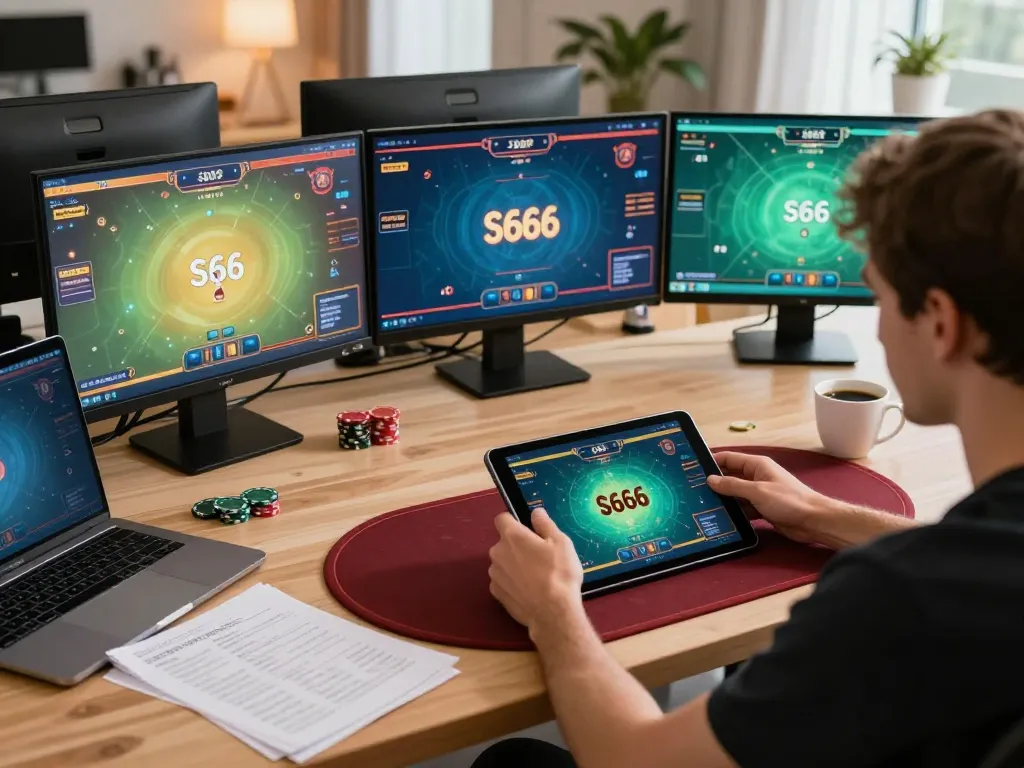 S666 online poker player analyzing strategy at home using tablet and laptop in stylish setting.