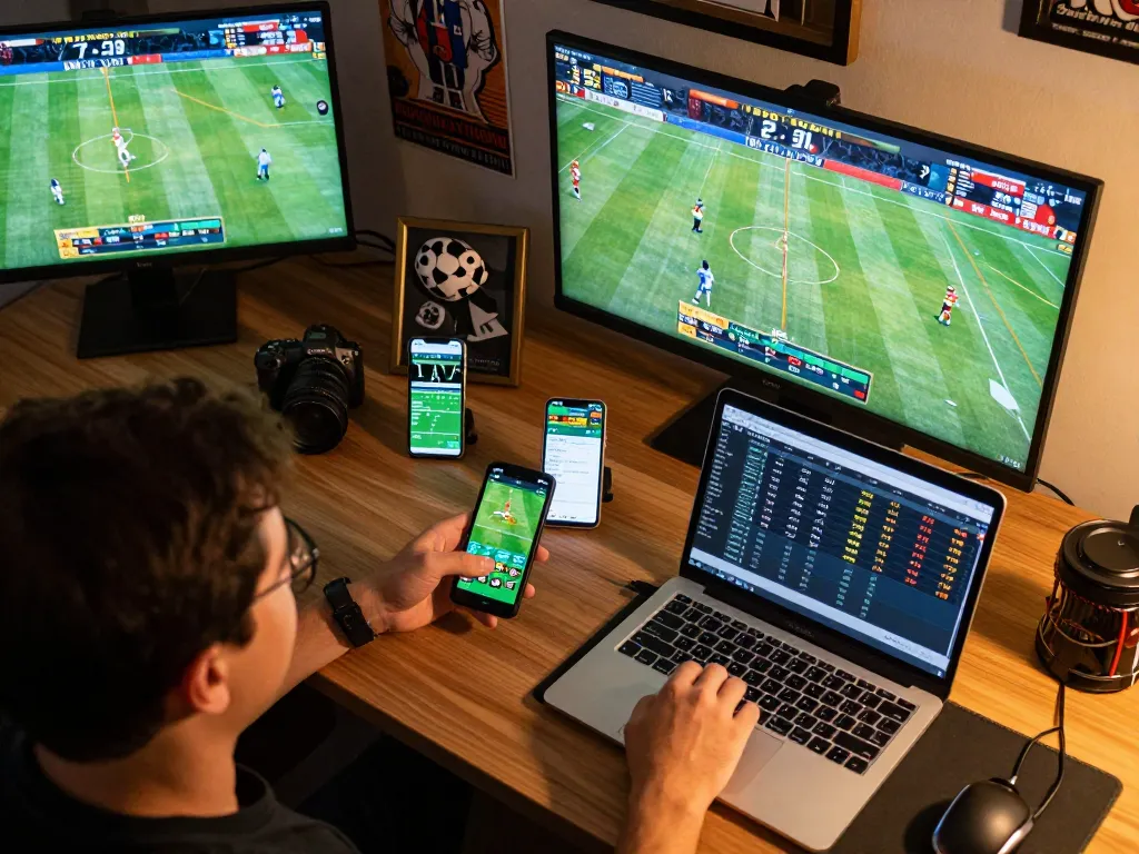 Engaging sports betting scene highlighting keonhacai's real-time odds analysis on multiple screens.
