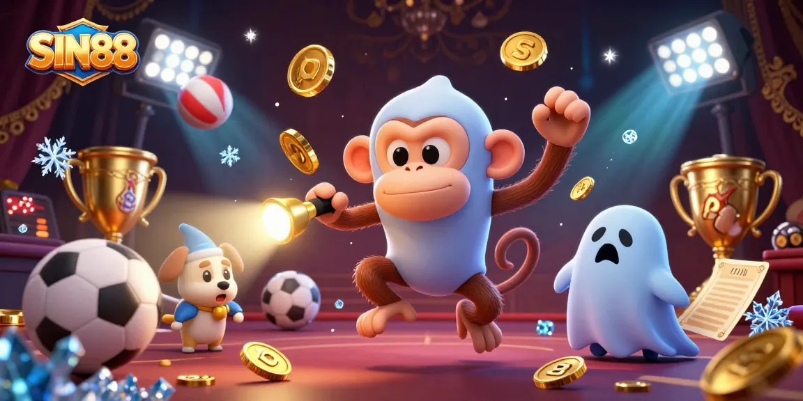 Engage with the exciting SIN88 casino world featuring a juggler monkey and curious puppy amidst dynamic sports elements.