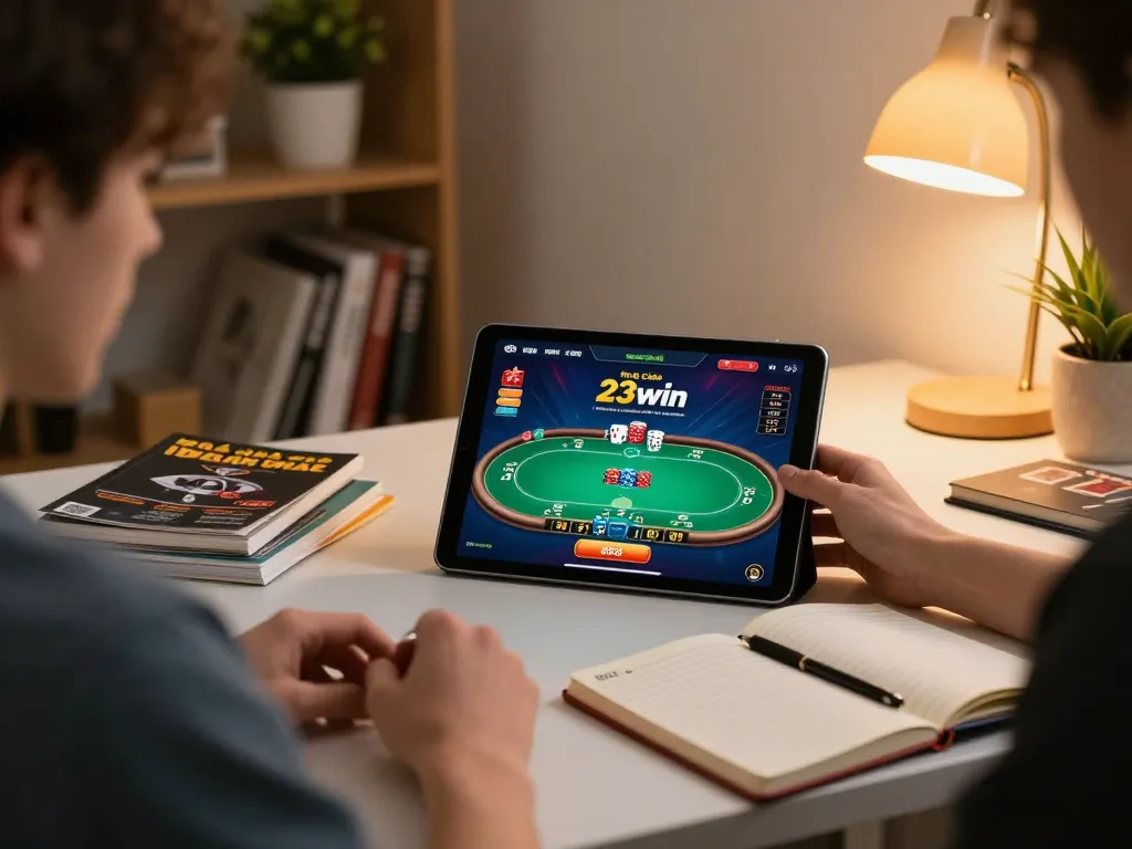 Engaging gaming session at nhà cái 23win, showing online poker gameplay on a tablet.