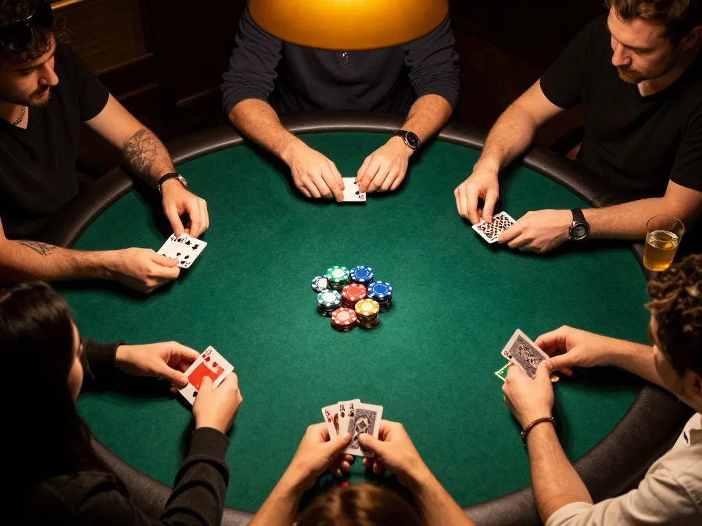 KONG88 players engaging in an exciting home poker game with chips and cards in a lively atmosphere.